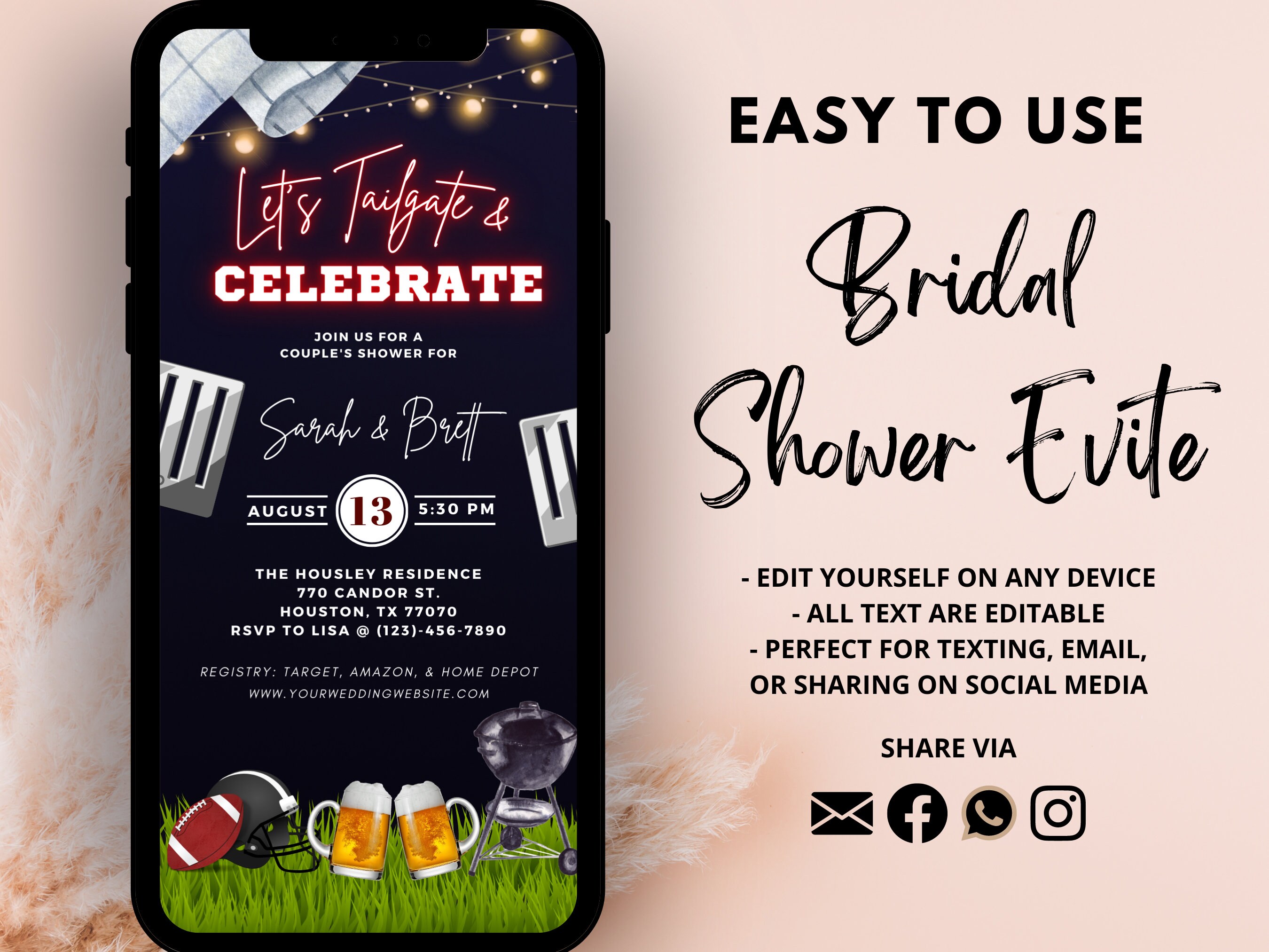 Tailgate and Celebrate Invite | Lets Celebrate | Bridal Shower Evite | His  and Hers Shower Evite | Football Party Evite - Etsy, image size:2700x2025