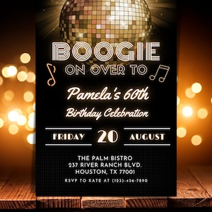 Invitation d'anniversaire disco | Faire-part d'anniversaire électronique | faire-part d'anniversaire des années 70 | Invitation d'anniversaire | Invitation boule disco