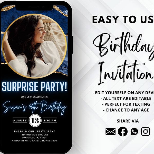 Electronic Surprise Birthday Invitation | Shhh Its A Surprise | Birthday Evite | Text Invitation | Surprise Birthday Photo Invitation