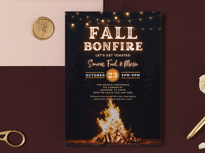 May include: A black invitation card with the words "FALL BONFIRE" in a glowing font, with the text "Let's Get Toasted" and "S'mores, Food, & Music". The date is October 23, 5PM-9PM. A bonfire illustration is at the bottom.