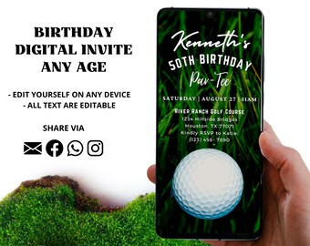 Puede incluir: Una invitación digital de cumpleaños en la pantalla de un teléfono inteligente. La invitación dice "50 cumpleaños de Kenneth Par-Tee" con detalles del evento. El fondo presenta hierba verde y una pelota de golf. Texto adicional incluye "Invitación digital de cumpleaños cualquier edad" e iconos para compartir en redes sociales.