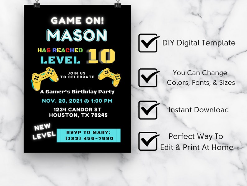 Editable Gamer Birthday Invitation Gamer Invitations Digital Etsy