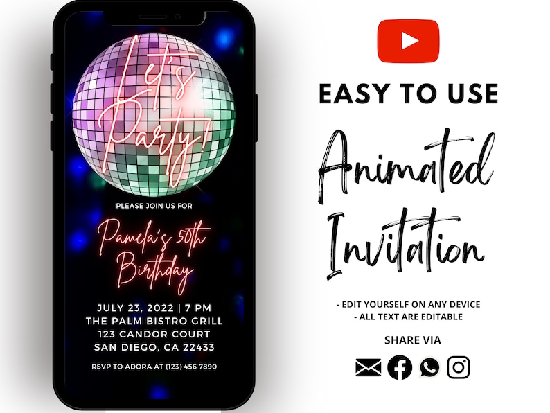 Disco Birthday Invitation Electronic Birthday Invitation Etsy Canada