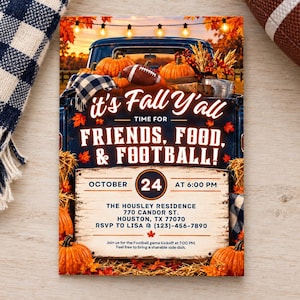 May include: A rectangular invitation card featuring a dark blue pickup truck bed filled with pumpkins, a football, and autumn leaves. The text reads: it's Fall Y'ALL TIME FOR FRIENDS, FOOD, & FOOTBALL! OCTOBER 24 AT 6:00 PM THE HOUSLEY RESIDENCE 770 CANDOR ST.