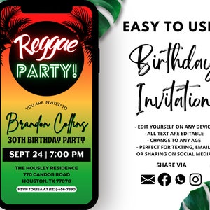 Può includere: Un invito digitale per una festa di compleanno di 30 anni a tema reggae. L'invito presenta uno schema di colori rosso, giallo e verde con palme e il testo "Reggae Party!" in verde neon. L'invito include anche il nome "Brandon Collins", la data "Sept 24", l'ora "7:00 PM" e la posizione "The Housley Residence, 770 Candor Road, Houston, TX 77070".