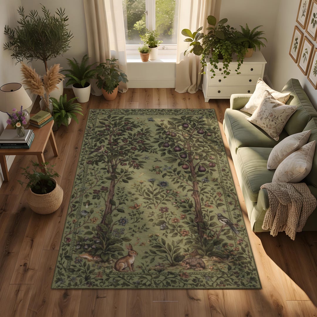 Green Earthy Pattern Rug Botanical Forest Green Rug, Vintage Nature Art Area Rug, Green Floral ...