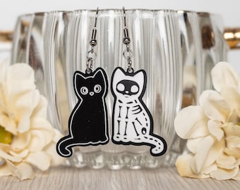 Black Cat Skeleton Earrings: Spooky Acrylic Halloween Jewelry