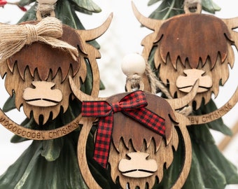 Highland Cow Ornament - Mooooey Christmas Cow Ornament - Wooden Farmhouse Ornament