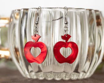 Hartoorbellen rode appel, acryl leraar waarderingscadeau, terug naar school-sieraden, eigenzinnige fruitstatementhangers