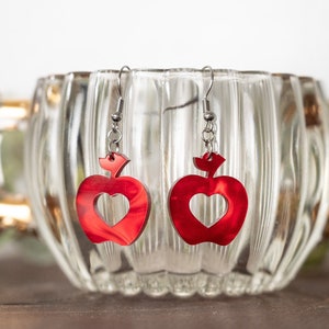 Valentine&#39;s Day Earrings - Red Apple with Heart Earrings - Sweetheart Dangle Earrings - Teacher Earrings for Valentine&#39;s Day