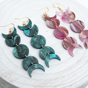 Celestial Moon Phase Earrings Acrylic Dangle Moon Earrings Sparkly Teal Statement Earrings Pink Gift for her Unique Celestial Earrings