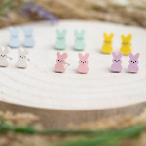 May include: A set of pastel bunny rabbit stud earrings. The earrings are in various colors, including pink, blue, yellow, and purple. The earrings are displayed on a wooden surface.