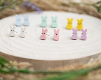 Pastelowe kolczyki wielkanocne Peep: akrylowe klipsy w kształcie króliczka