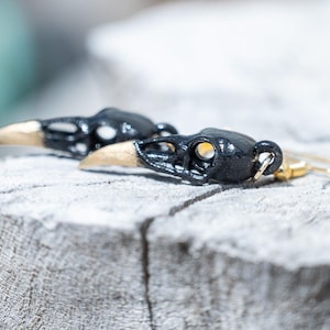 Raven Skull Earrings - Black and Gold Gothic Earrings - Skull Dangle Earrings