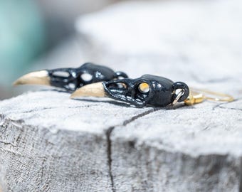 Raven Skull Earrings - Black and Gold Gothic Earrings - Skull Dangle Earrings