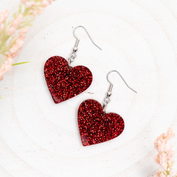 Orecchino a forma di cuore in acrilico glitterato verde, amore per San Valentino, barra ovale placcata oro 18k - Italia