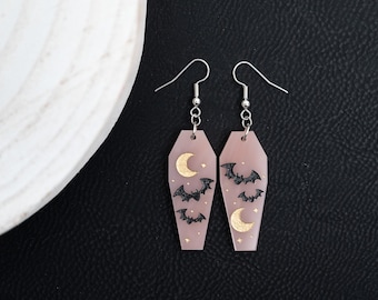 Coffin Bat Acrylic Drop Earrings | Pink Faux Rose Quartz Celestial Dangles | Witchy Gothic Halloween Gift | Stainless Steel Hooks