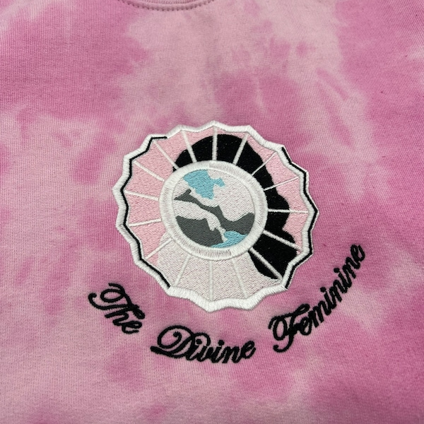 Pink Tie Dye Mac Miller "The Divine Feminine" embroidered sweatshirt | Mac Miller Merch | Circles Swimming Self Care Small Worlds Mac Miller