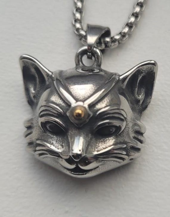 Viking Cat Amulet Necklace – Silver Stainless Steel Cat Head