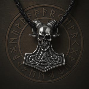Viking Mjolnir Skull Pendant – Thor’s Hammer with Horned Skull – Norse Mythology Necklace for Men – Gothic Viking Jewelry