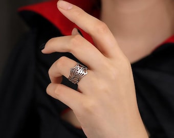 Spider Web Cuff Ring – Stainless Steel Cuff Ring for Women – Gothic, Halloween Jewelry