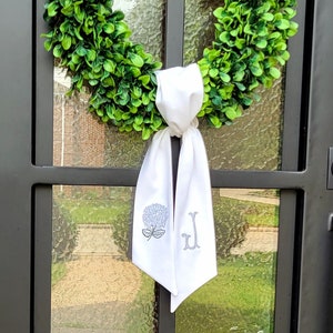 CUSTOM Monogram hydrangea wreath sash, wreath, dusty blue, boxwood, embroidered, monogram, ribbon, classic, door, summer, cotton, wreath bow