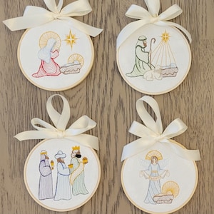 Nativity embroidered ornament, baby Jesus, Mary, Joseph,  three wise men, kings men,  o holy night,  Christmas,  wall art, religious, angel