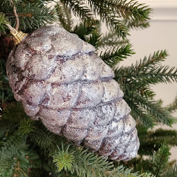 Large 6.5 inch Faux Pinecone Ornament, lightweight, large faux pinecone, pinecone ornament, large ornament, rustic Christmas, silver, pewter