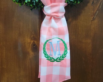 CUSTOM Gingham Monogram Wreath Sash, Easter, spring, embroidered decor, monogram, ribbon, checkered, valentine decor, pink, plaid, boxwood