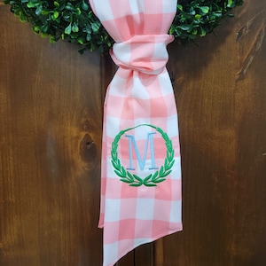 CUSTOM Gingham Monogram Wreath Sash, Easter, spring, embroidered decor, monogram, ribbon, checkered, valentine decor, pink, plaid, boxwood