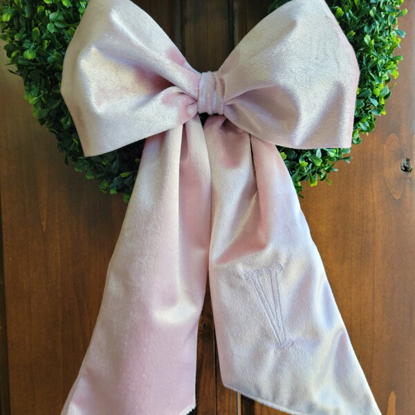 CUSTOM Monogram Velvet Wreath Sash Bow, blush pink, wreath, valentine's, spring, boxwood, embroidered, monogram, ribbon, baby girl, wedding