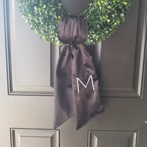 Modern monogram wreath sash, velvet, wreath, black and white, christmas, boxwood, embroidered, monogram, ribbon, fall, classic, door, ivory