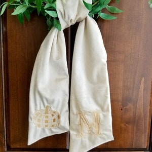 Ivory velvet monogram pumpkin wreath sash, wreath, thanksgiving, pumpkin, gingham, embroidered, monogram, ribbon, boxwood, classic, door