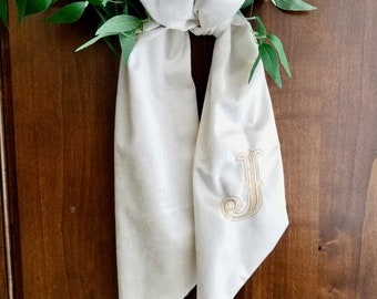 Monogram wreath sash, velvet, wreath, thanksgiving, boxwood, embroidered, monogram, ribbon, fall, classic, door, ivory, cotton, Christmas