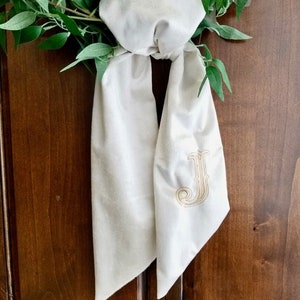 Monogram wreath sash, velvet, wreath, thanksgiving, boxwood, embroidered, monogram, ribbon, fall, classic, door, ivory, cotton, Christmas