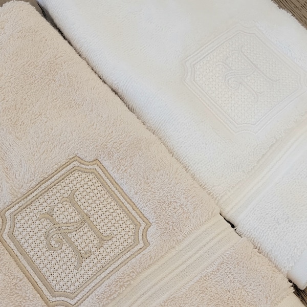 Monogrammed hand towel,  embossed,  bathroom, guest,  kitchen,  wedding,  personalized,  ivory,  white,  monogram