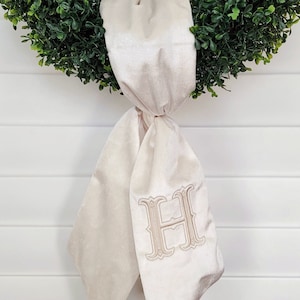 Monogram wreath sash, velvet, wreath, thanksgiving, boxwood, embroidered, monogram, ribbon, fall, classic, taffeta, ivory, cotton, Christmas