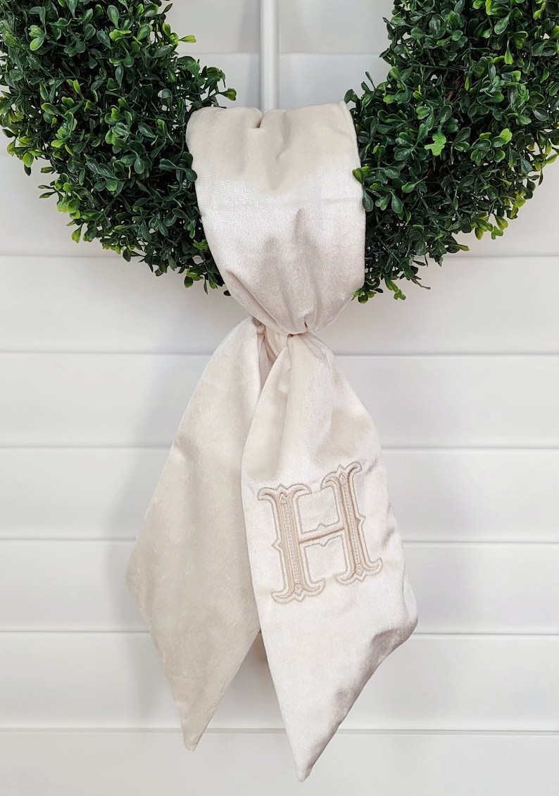 Monogram wreath sash, velvet, wreath, thanksgiving, boxwood, embroidered, monogram, ribbon, fall, classic, taffeta, ivory, cotton, Christmas