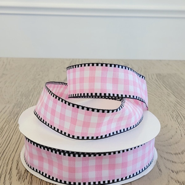 Pink and White Gingham, Black and White Checkered Edge WIRED 1.5 inch Ribbon, ribbon by the yard, Valentine's, hair bow, plaid, wreath bow