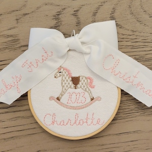 SALE Baby&#39;s first Christmas embroidered ornament, personalized, 1st Christmas, rocking horse,  baby girl, baby boy, newborn gift,  Christmas