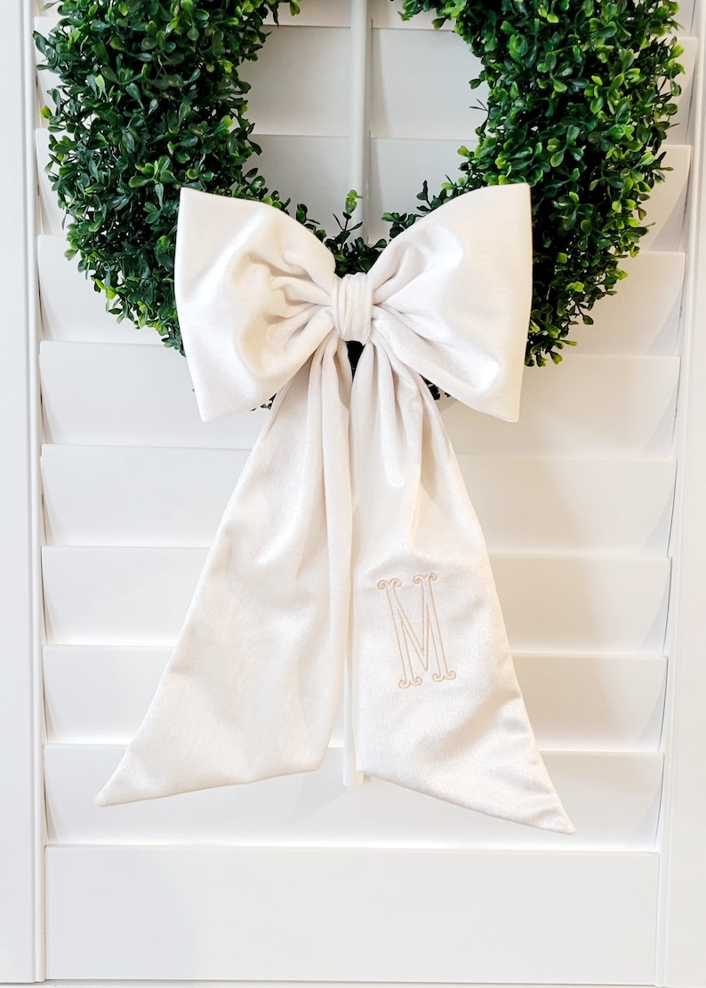 CUSTOM Monogram Velvet Wreath Sash Bow, blush pink, wreath, valentine's, spring, boxwood, embroidered, monogram, ribbon, baby girl, wedding