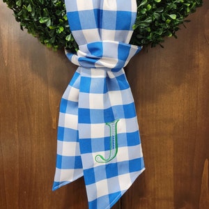 Plaid monogram wreath sash, gingham, buffalo plaid, boxwood, embroidered, monogram, ribbon, spring, classic, door, Easter, house, summer