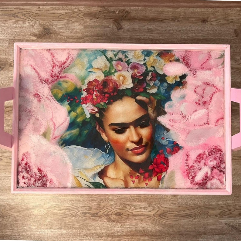 Frida Kahlo Handpainted Pink Art Epoxy Resin Coffee Table, Modern