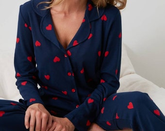Navy blue,grey,red sweet heart long sleeve pajamas for women,%100 cotton pajama set,red heart,christmas gift,v neck,best gift for her