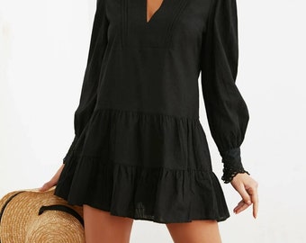 Schwarzes Minikleid mit Ärmeln,schwarzes Baumwollkleid,Boho Kleid,Sommerkleid,Strandkleid,Baumwolle Minikleid