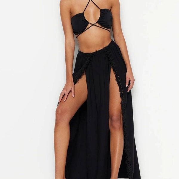 Jupe d'été à double fente, jupe blanche/noir/kaki, jupe déesse, jupe pour festival, tenue rave, robe tulum, jupe bohème, robe ibiza