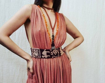 Deep v-neck slit bohemian dress with ethnic belt,organic cotton summer dress,festival dress,festival clothing,long boho dress,muslin dress