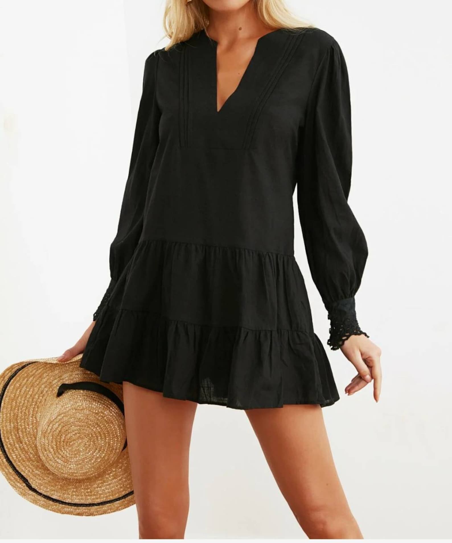 Black Mini Dress With Sleevesblack Cotton Dressboho - Etsy