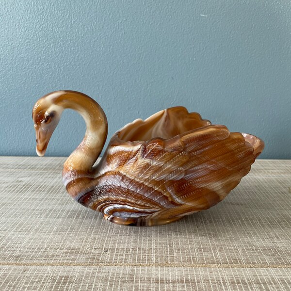 Vintage 9 inch IMPERIAL slag glass Swan Carmel Brown Figural Dish Original Hallmark