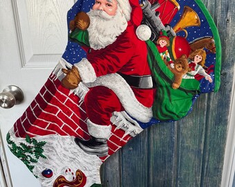 Chaussette de Noël vintage géante en tissu Père Noël